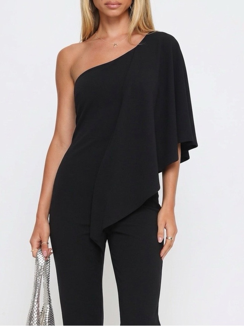 MARINA Black One-Shoulder Ruffled Draped Jumpsuit Size 4🖤